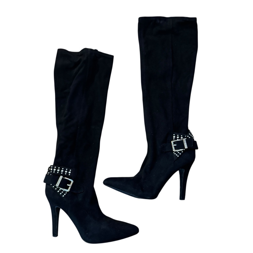 BCBG Sexy Y2K Black Knee-High Boots with Studded Buckle, US 8.5